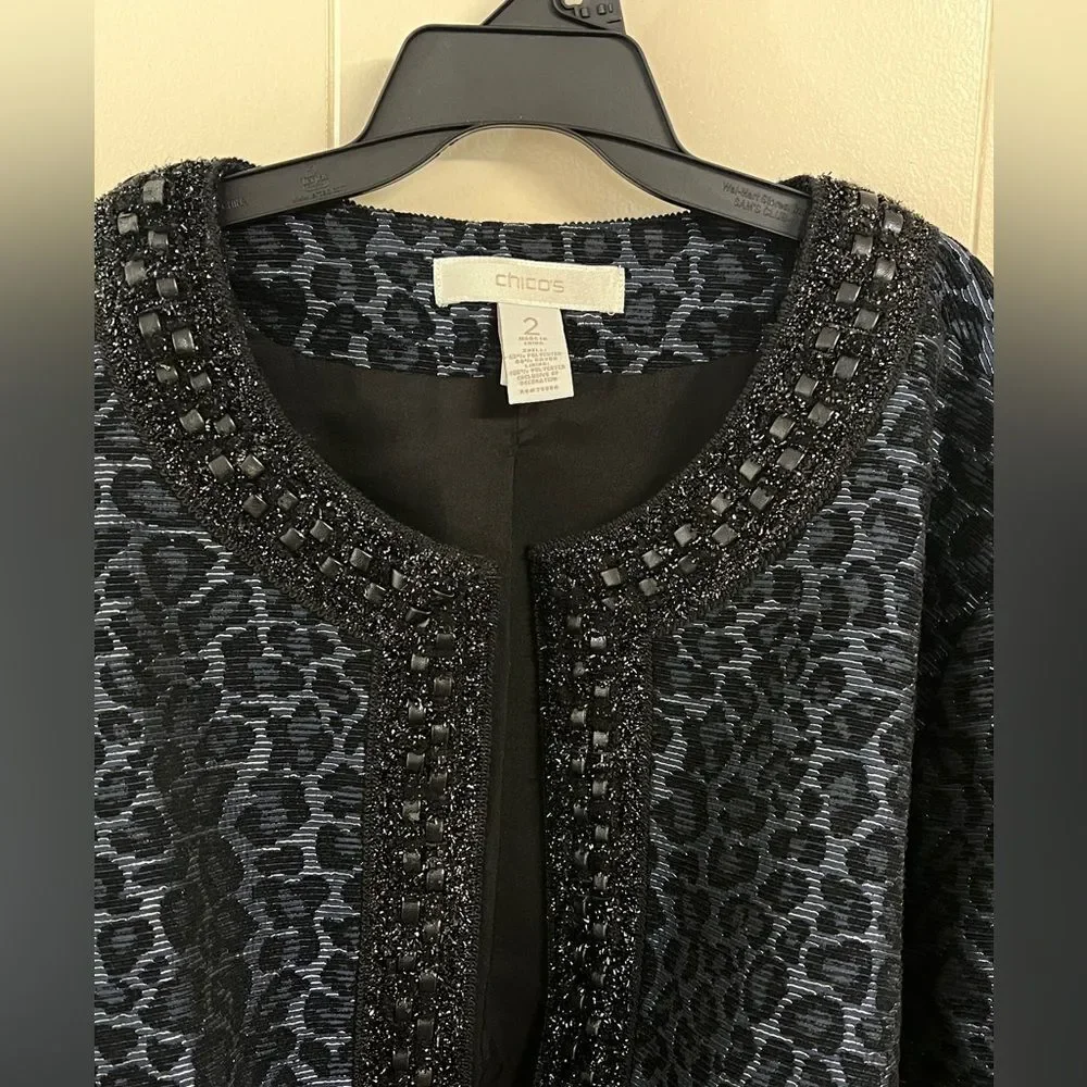 Chico’s Embellished Animal Print Jacquard Short Jacket Blazer Sz 2